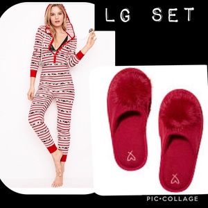 VS POMPOM THERMAL ONESIE HOODED SZ LG VS SLIPPERS LG